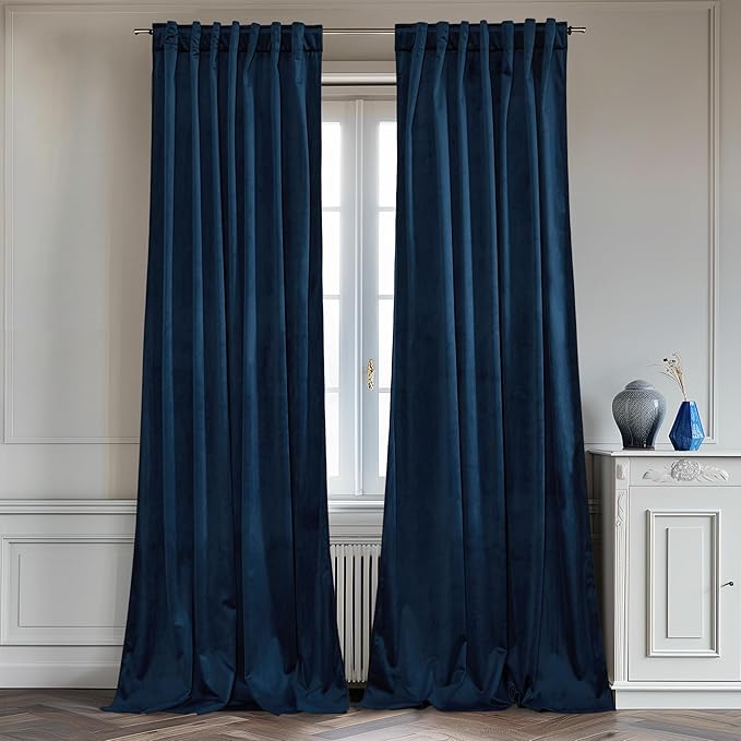 StangH Navy Blue Velvet Blackout Curtains Back Tab 90 inches Long, Kids Nursery Drapes Thermal Insulated for Living Room Noise Reducing Window Drapes for Sliding Door, W62x L90, 2 Panels