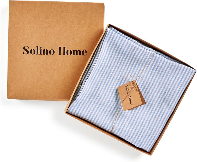 Solino Home Round Linen Tablecloth 70 Inch - Narrow Stripe, 100% Pure Linen Cornflower Blue and White Round Table Cloths - Machine Washable Tablecloth