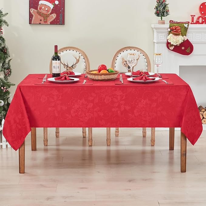 Rectangle Christmas Jacquard Table Cloth Waterproof Elegant Damask Floral Pattern Heavy Weight Wipeable Wrinkle Free Fabric Table Covers for Dinner or Daily Uses(Dark Red/60x120 Inch)