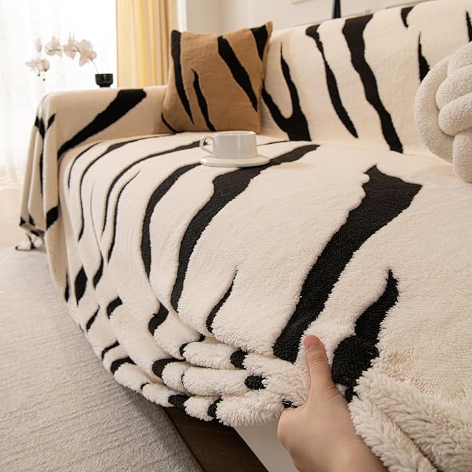 ROOMLIFE Striped Boho White Couch Cover for 2-3 Cushion Sofa, Fuzzy Plush Warm Sofa Slipcovers Sectional Sofas Covers, Non Slip Washable Furniture Protector Soft with Tassel,Winter 71''X118”