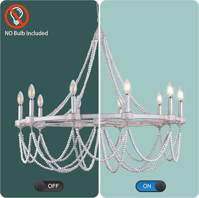 COCOSTAR Large Beaded Dining Room Light Fixture, 36" White Farmhouse Chandelier, French Country Wagon Wheel Chandelier, Coastal Boho Hanging Lighting for High Ceiling,10xE12 Candle Lights
