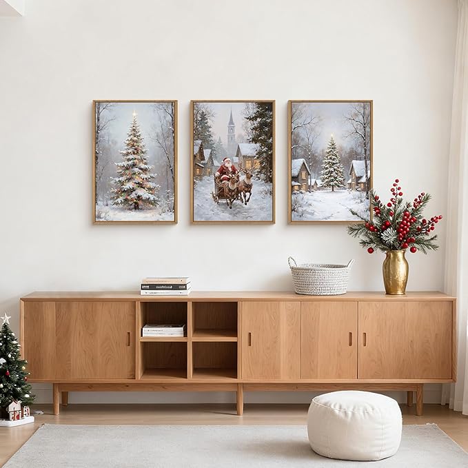 HPNIUB Happy Christmas Framed Wall Art Set, Elk Santa Claus Wall Decor, Winter Snowy Landscape Nature Painting, Neutral Christmas Scene Art Prints for Xmas Festival Fireplace Decor-24x 36 x3
