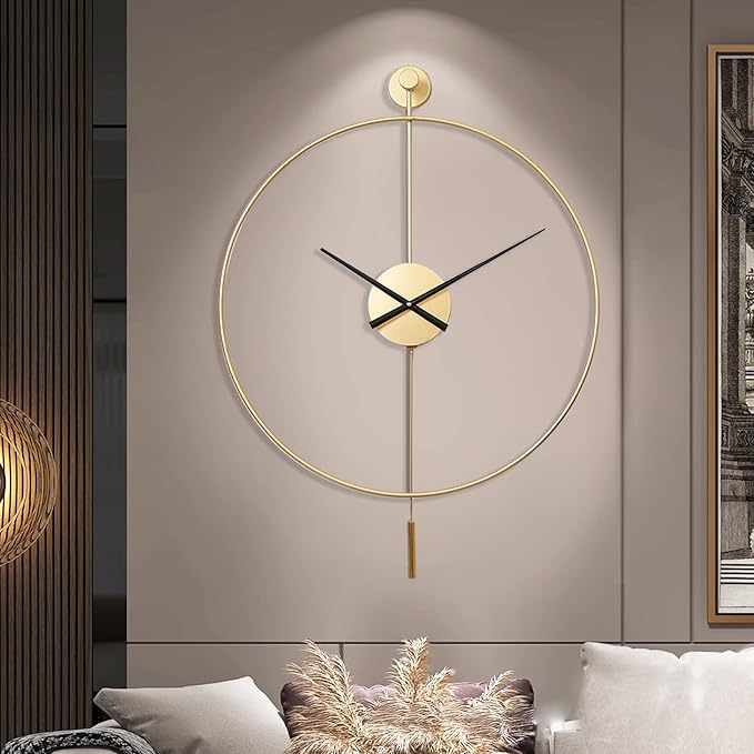 YISITEONE Classical Large Decorative Wall Clock with Pendulum, Modern Non-Ticking Silent Metal Wall Clocks for Living Room, Bedroom, Study, Office, 23.6" (Gold)