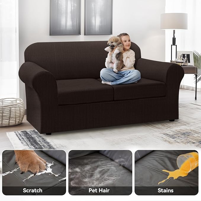 100% WaterproofLoveseat Cover 3-Piece Set Striped Loveseat Slipcovers for 2 Cushion Couch Sofa Covers with TPU Leakproof Bottom Stretch Couch Protector Pet Proof - Loveseat, Coffee