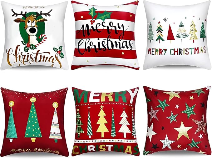 Boao 6 Pcs 18 x 18 Inch Christmas Pillow Cover Merry Christmas Red Throw Cushion Covers Xmas Tree Reindeer Star Pillow Case for Holiday Party Home Living Room Couch Outdoor Front Porch Decoration