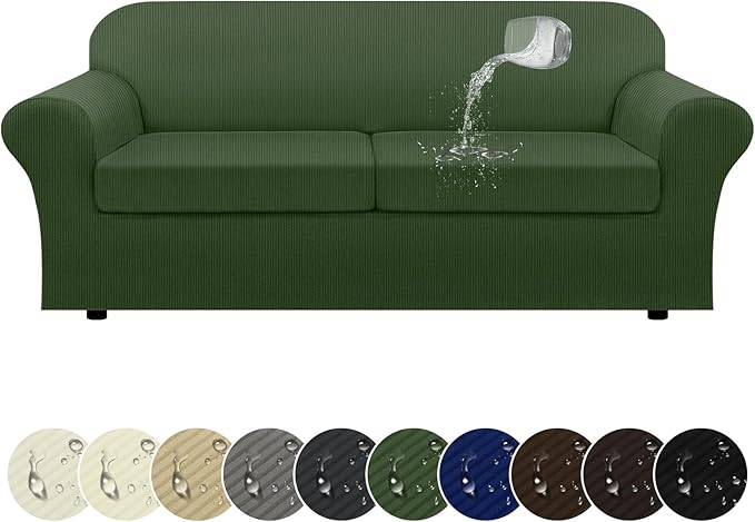100% Waterproof Couch Cover 3-Piece Set Striped Sofa Slipcovers for 2 Cushion Couch Sofa Covers with TPU Leakproof Bottom Couch Protector Pet Proof - Sofa(2-Cushion), Military Green