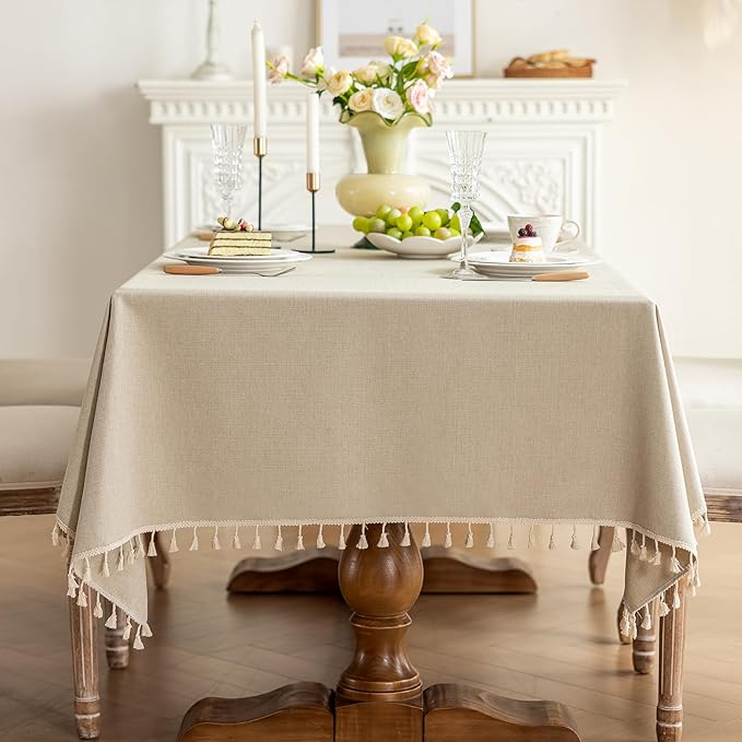 1 Pack Heavy Duty Cotton Tablecloth Soft Wrinkle Resistant Fabric with Decorative Tassles Fringe for Kitchen Dining Table, Warm Beige, 55x70 Inch