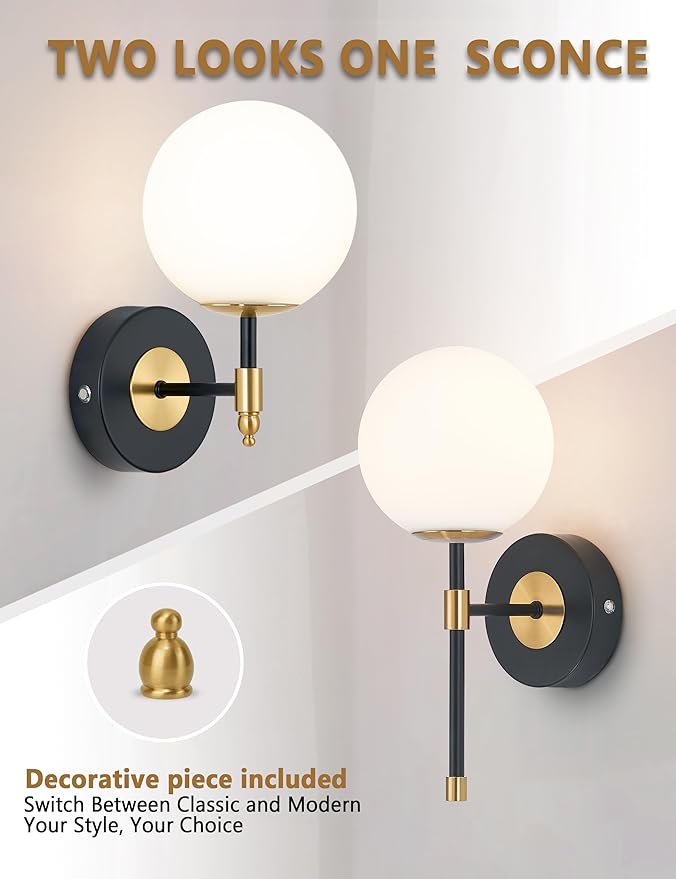 Battery Operated Globe Wall Sconces Set of 2, Black & Gold Wireless Wall Lights with Remote Control, Rechargeable 3 Color Stepless Dimming Modern Wall Decor Lamp for Bedroom Living Room Hallway