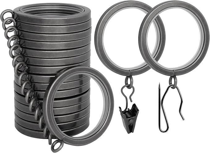 BlastHome® Luxury Curtain Rings - Premium Metal with Quiet, Smooth Nylon Inserts - Pinhooks and Clips Included - 1 1/2" Inside Diameter - 18 Rings for Two Standard Curtains - Gunmetal/Pewter