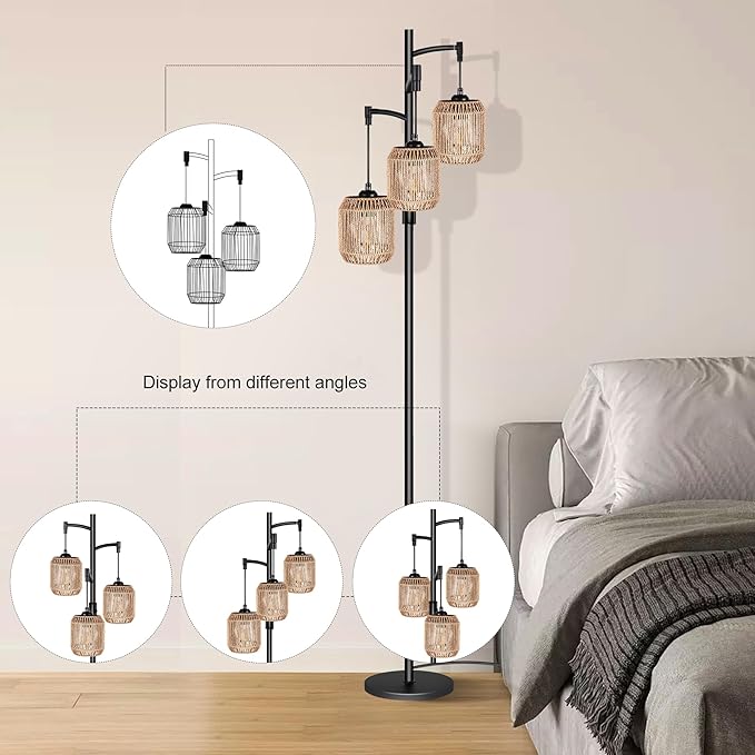 Boho Floor Lamps for Living Room, 65'' Dimmable Farmhouse Rattan Standing Lamp with LED Bulbs, 3 Light Tree Rustic Tall Lamps for Bedroom, Office, Rotary Switch