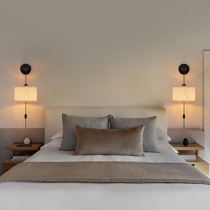 Plug in Wall Sconces Set of 2, Farmhouse Wall Lamp with 5.9FT Plug in Cord, Dimmable Hanging Wall Lighting with Fabric Shade, Adjustable Wall Mount Lights for Bedroom Living Room, Wooden Arm