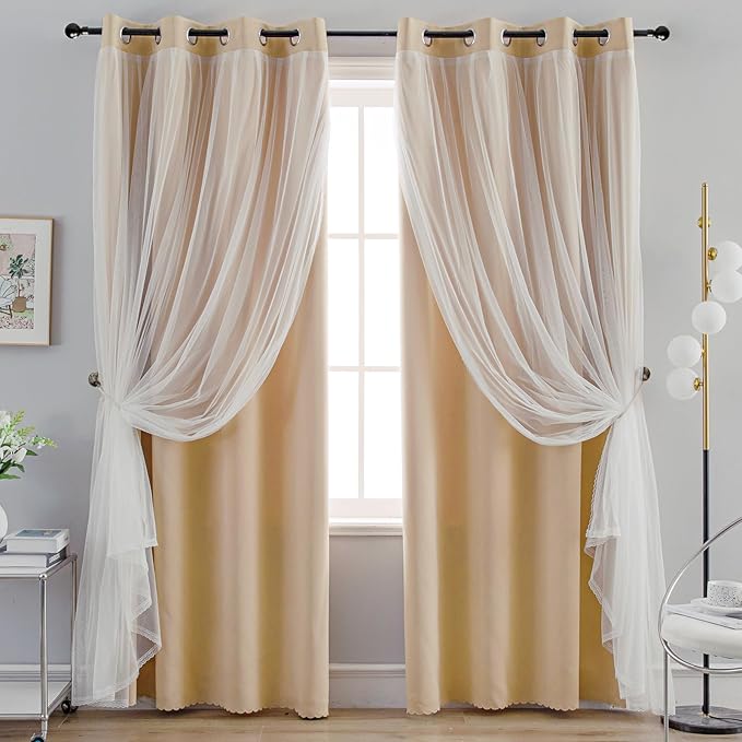 Anytime Home Curtains Blackout and Sheer Layered Solid Window Curtain Panel Pair with Grommet Top, 52Wx63L,Beige