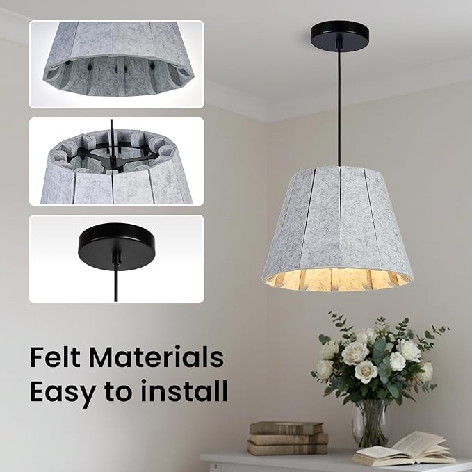 Pendant Light with Felt Lampshade, Modern Hanging Lamp Fixture, DIY Acoustic Pendant Light Chandeliers for Kitchen Island, Living Room, Dining Room, Bedroom, Office (D15.7"x11")
