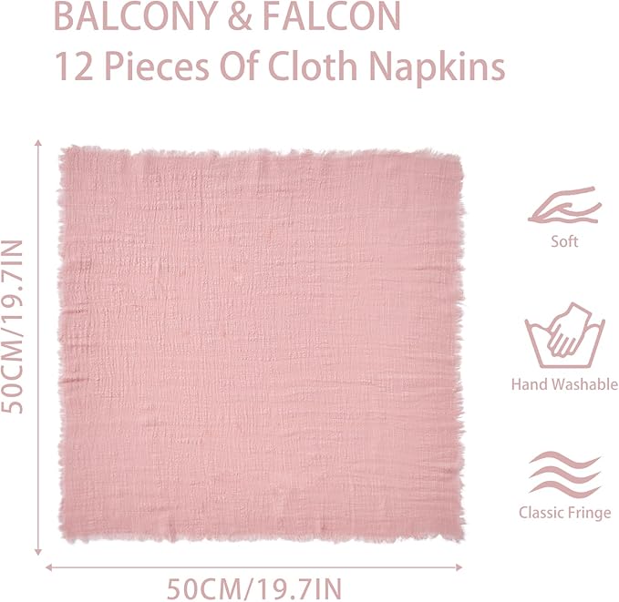 BALCONY & FALCON Cloth Napkins 100% Cotton with Fringed Handmade Square Rustic Style Washable Napkins 12 Pack Pink 20 x 20 inches for Easter Thanksgiving Christmas Weddings Parties Banquets