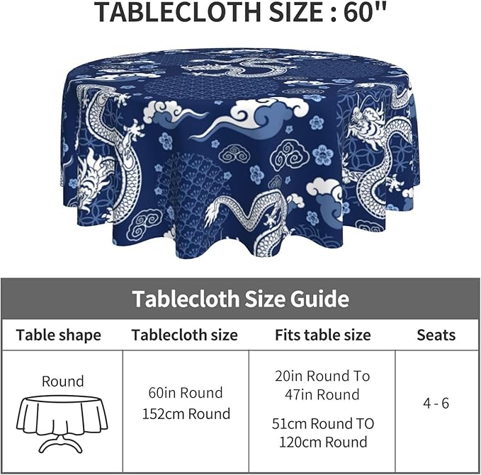 Japanese Tablecloth Round, Blue Traditional Zodiac Dragon Vintage Asian Style Oriental Water Resisitant Table Cover for Dining Kitchen Living Room Home Party Holiday Decor 70 inch Round