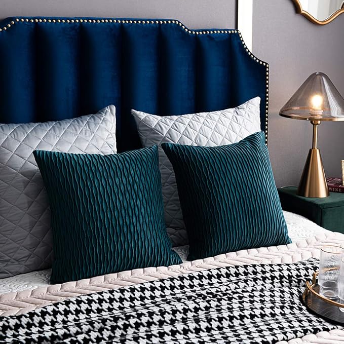16x16 Teal Throw Pillow Cases: 2 Pack Original Striped Velvet Square Decorative Pillow Covers for Farmhouse Couch