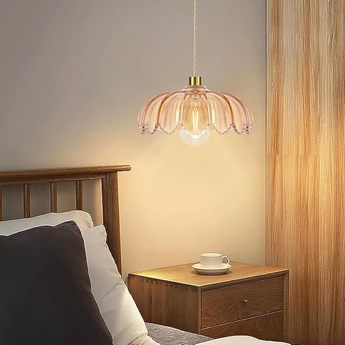 Plug in Pendant Light Hanging Lights with Plug in Cord Mid Century Modern Gold Hanging Lamp Glass Vintage Dimmable Flower Chandelier Ceiling Fixture for Living Room,Kitchen,Boho