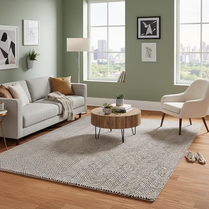 Modern Herringbone Chevron Collection Handcrafted Wool Area Rug - Durable, Zigzag Pattern, for High Traffic, Contemporary Design for Living Room, Bedroom, Dining Room Decor (Dark Olive, 6' x 8')