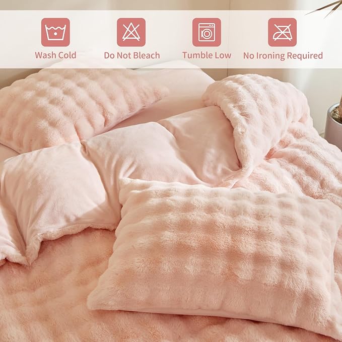 Tokokimo Fluffy Fleece King Size Duvet Cover Set, Ultra Soft Reversible Heavyweight Bedding Set, Extra Warm Winter Duvet Cover Set with 2 Pillow Cases, All Season Fuzzy Comforter Cover Set, Pink