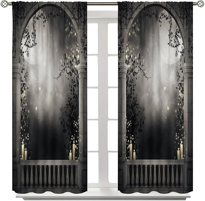 Gothic Moon Blackout Curtains, Vintage Mid Century Gothic Castle Watercolor Rustic Old Architecture Window Drapes, for Living Room Bedroom 26(W)*84(L) 2 Panels