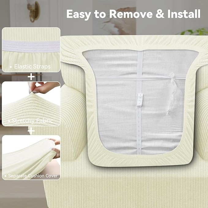Waterproof Chair Cover with Arms 2-Piece Set Striped Slipcover for 1 Separate T Cushion Couch - TPU Fabric Armchair Covers Leakproof Couch Protector for Kids, Pets(Chair, Ivory)