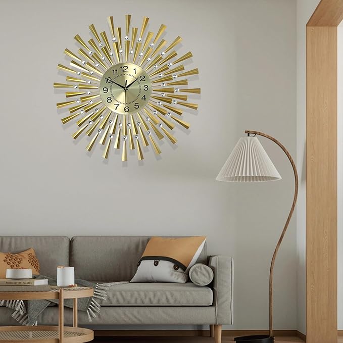 Large Wall Clocks for Living Room Decor Modern Gold Silent Wall Clock Battery Operated Non-Ticking for Bedroom Kitchen Office Home Decorative 24 Inch Retro Crystal Clocks Wall Decor for House