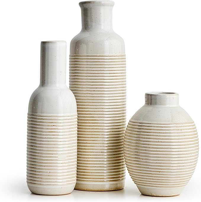 AWNR Small Vases Set of 3 for Flowers ，Rustic Farmhouse Decor，Unique White Ceramic Vase Home Decorations for Modern Home ，Living Room，Entryway Table,Farmhouse
