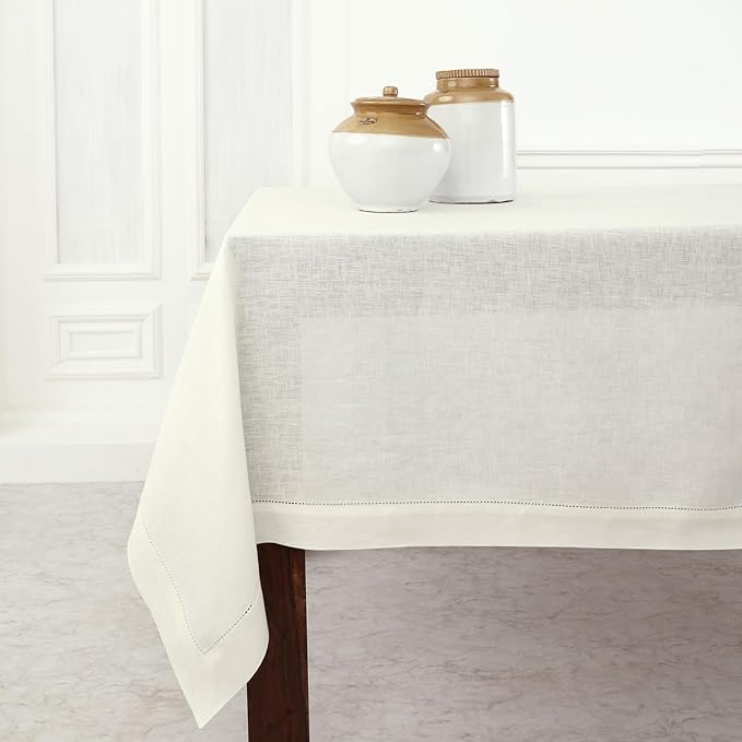Solino Home Linen Tablecloth 60 x 132 Inch - Classic Hemstitch 100% Pure Linen Ivory Table Cloth for Rectangle Tables - Machine Washable Tablecloth for Fall, Autumn, Thanksgiving, Holiday
