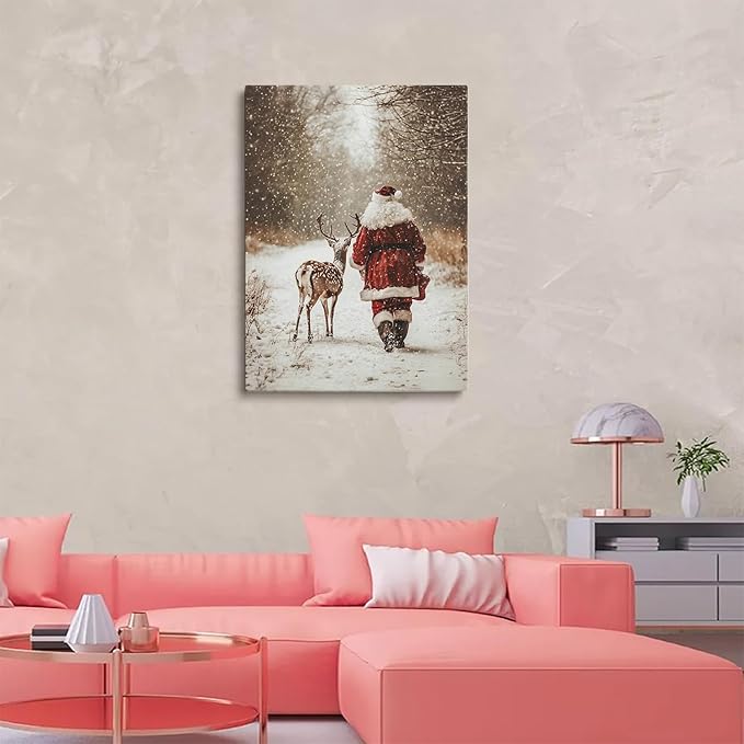 Santa Claus Reindeer Wall Art Print,Forest Snowfall in Winter Print,Christmas Home Decor,Deer Christmas Print