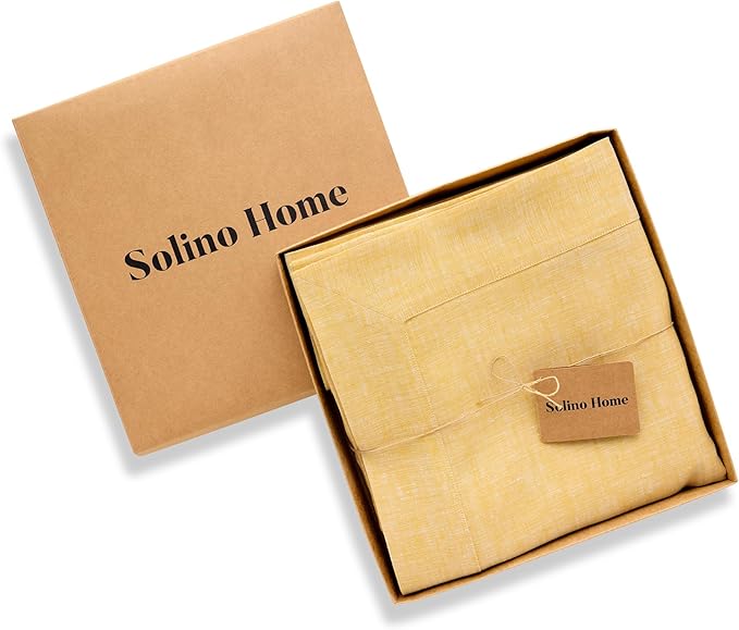 Solino Home Linen Tablecloth 60 x 120 Inch - 100% Pure Linen Chambray Mustard Yellow Table Cloth for Rectangular Tables - Athena, Machine Washable Cloth Tablecloth