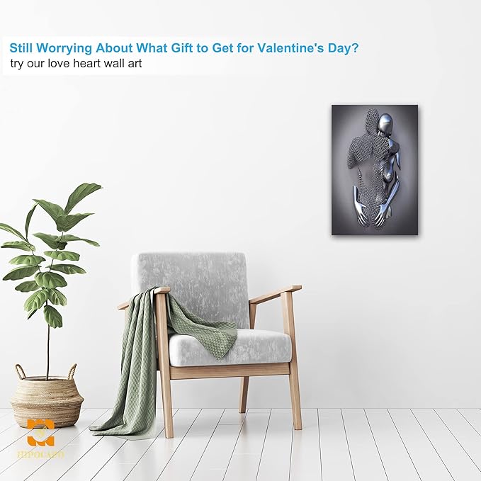 3D Metal Effect Wall Art - 3D Metal Art Wall, Silver Modern Abstract Hug Lovers Painting Picture Poster Prints for Bathroom, Romantic Couple Living Room Canvas Wall Art Framed 12”x18”x1Pcs
