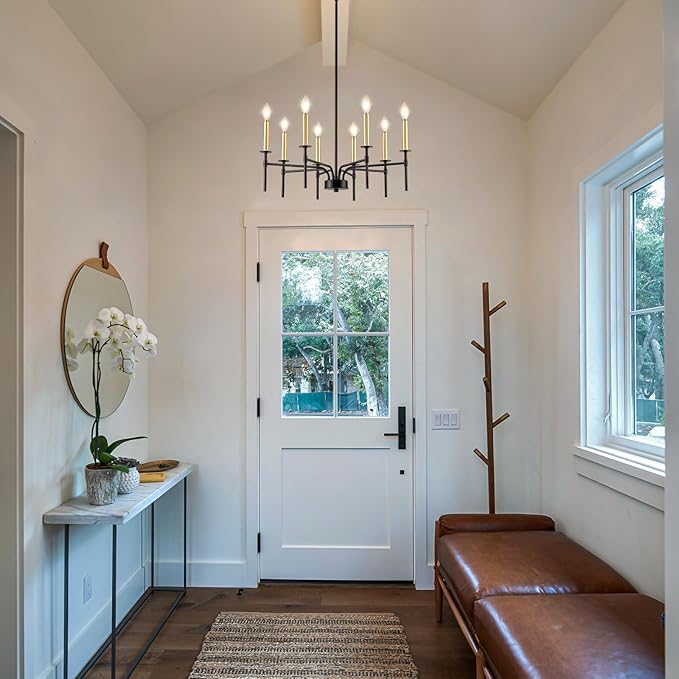Modern Dining Room Light Fixture 8-Light, Black and Gold Farmhouse Chandelier, Metal Candle Chandeliers for Dining Room, Kitchen, Living Room, Bedroom, Foyer, Staircase, Entryway