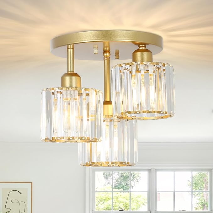Modern Semi Flush Mount Ceiling Light,3-Light Golden Crystal Close to Ceiling Light Fixtures,Kitchen Light Fixtures with Clear Crystal Shade,Hallway Light Fixtures for Hallway Bedroom Bathroom
