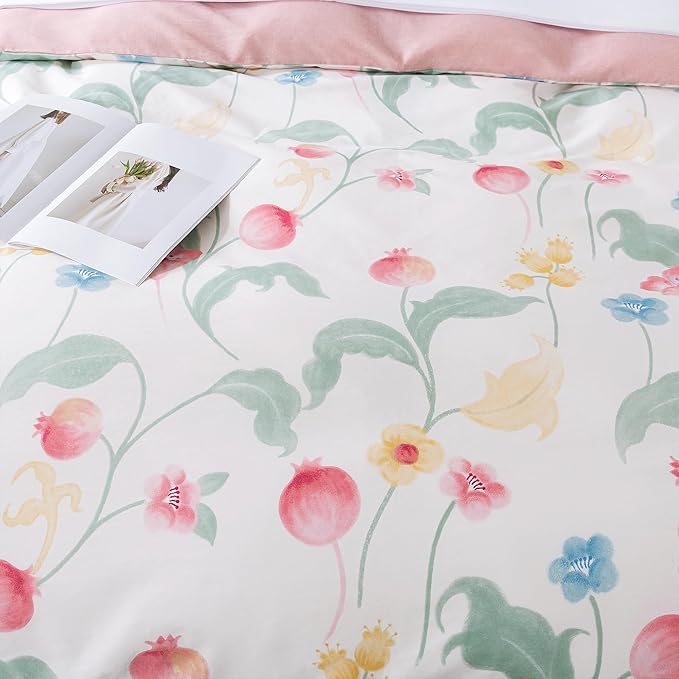 HoneiLife Queen Size Duvet Cover - Fruits Comforter Cover 3-PC, Botanical Bedlinen Set with Zipper Closure & Corner Ties, Pomegranate Comforter Cover Sets 100% Cotton
