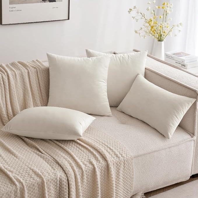 MIULEE Pack of 2 Velvet Soft Solid Decorative Square Throw Pillow Covers Set Christmas Cushion Case for Spring Couch Sofa Bedroom Car 12x20 Inch 30x50 cm Cream White