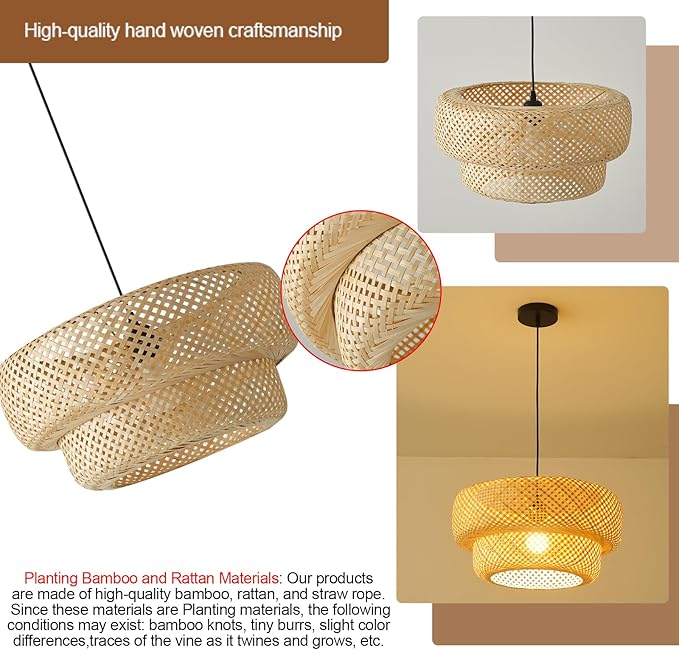 Bamboo Pendant Light Boho Rattan Hanging Light 17.7" Hand Woven Wicker Chandelier for Kitchen Island for Kitchen Island Dining Bedroom Living Room Restaurants