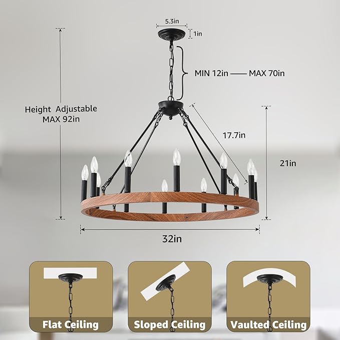 Wagon Wheel Chandelier 32" with Wood Grain Finish, 12-Light Farmhouse Dining Room Light Fixture, Modern Round Iron High Ceiling Chandeliers for Living Room, Foyer, Entryway, E12