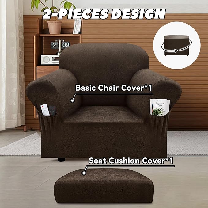 Chair Slipcover with Armrest Pockets 2-Piece Set, Stretch Faux Leather Chair Cover for Armchairs(Fits 31-45") - Non-Slip, Machine Washable, Pet & Kid Friendly - Brown