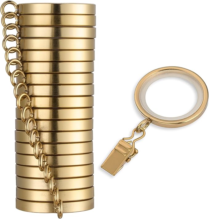 MODE Cambria Designer Series - Premium Easy Glide 18 Count Small Curtain Rings - Metal with Nylon Inserts and Clips - 1 inch Inner Diameter - use for rods 5/8" or Smaller - Brushed Gold