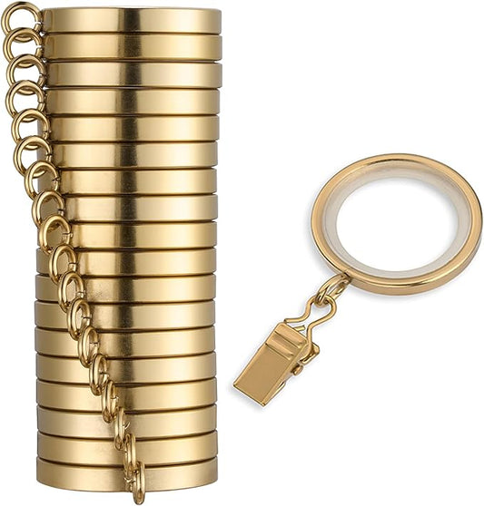 MODE Cambria Designer Series - Premium Easy Glide 18 Count Small Curtain Rings - Metal with Nylon Inserts and Clips - 1 inch Inner Diameter - use for rods 5/8" or Smaller - Brushed Gold