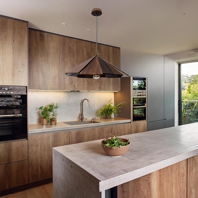 Dark Wood Geometric Pendant Light, Layered Wooden Hanging Lamp, Modern Farmhouse Scandinavian E26 Adjustable Ceiling Fixture for Kitchen Island, Dining Room, Bedroom, Living Room, Entryway.