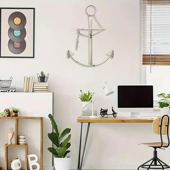 Nautical Anchor Wall Decor,Antique Metal Anchor Art Wall Decor With Chain for Bedroom Living Room Dorm Home/13" Antique Anchor with Chain Wall Decor,Antique Metal Anchor Farmhouse Decor(Creamy White)
