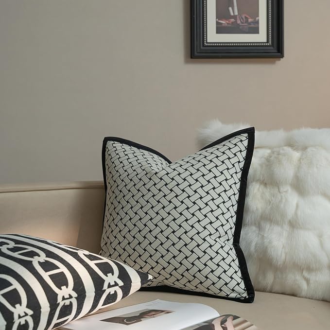 New 22x22'' inches Throw Pillow Cushion Covers - Woven Grid Black Chenille Jacquard Embroidery with Edge Strip Luxury Modern Style Couch Sofa Bed Pillow Cover for Living Room Bedroom