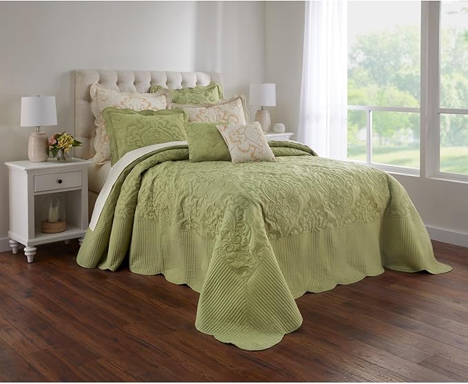 BrylaneHome Bedding Lightweight All Season Modern Amelia Quilted Damask Oversized Ultra Soft Bedspread - Full, Sage