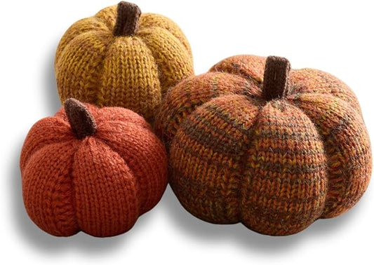 Your Heart's Content Set of 3 Cozy Mini Knit Pumpkins, Warm Green Gold Fall Table top décor, Soft Autumn Home Accents, Thanksgiving Table Setting (Spiced Maple Multi-Size Set)