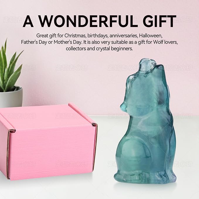 Fluorite Howling Wolf Crystal Figurines, 2.2 Inch Wolf Totem Spirit Animal Statue Decor for Home Office Desk Altar, Hand Carved Natural Healing Crystal Sculpture Gifts for Women Men