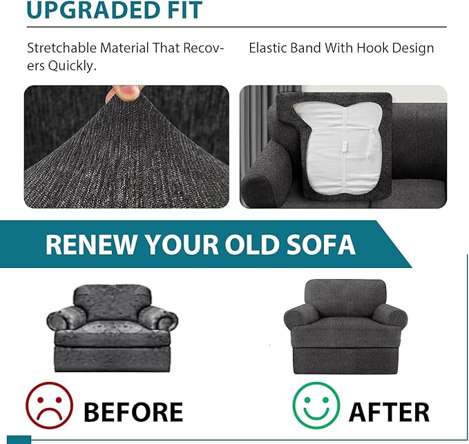 2 Pieces T Cushion Chair Covers with Arms Super Stretch Chair Slipcover for Living Room Pet Dog Universal Slip Cover Anti Slip Armchair Furniture Protector (Dark Gray, 1 Cushion)