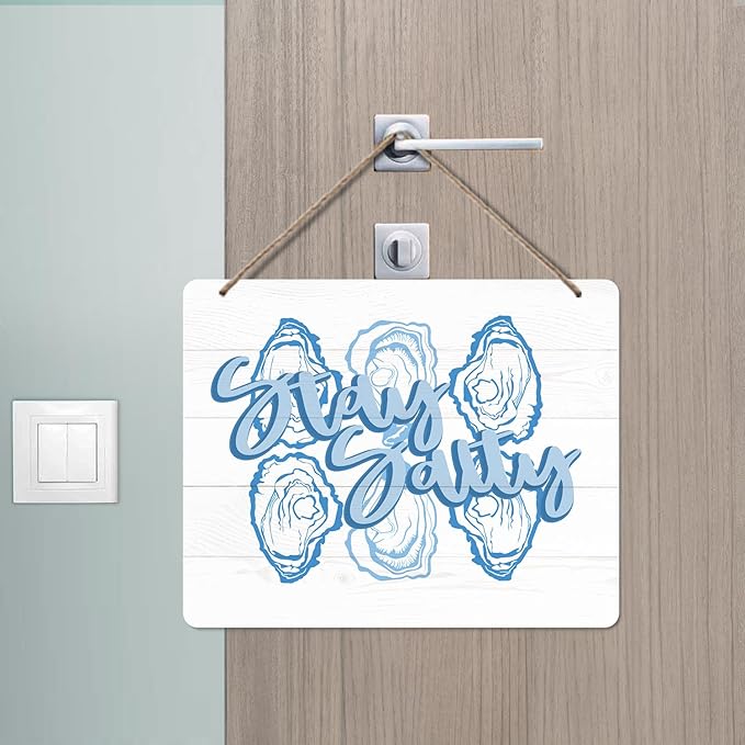 Udinaz Coastal Beach Oyster Hanging Sign, Coastal Beachy Wall Decor, Blue Stay Salty Oyster Hanging Wood Plaque Decor for Home Room Bedroom Beach House Wall Door Decorations