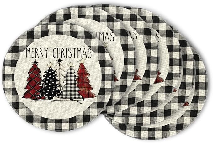 Artoid Mode Waterclor Buffalo Plaid Christmas Trees Merry Xmas Round Placemats Set of 6, 14 Inch Seasonal Winter Round Table Mats for Dining Decoration