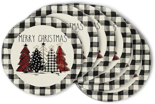 Artoid Mode Waterclor Buffalo Plaid Christmas Trees Merry Xmas Round Placemats Set of 6, 14 Inch Seasonal Winter Round Table Mats for Dining Decoration